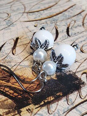 Handcrafted White Jade Gemstone White Faux Pearl Silver Dangle Earrings